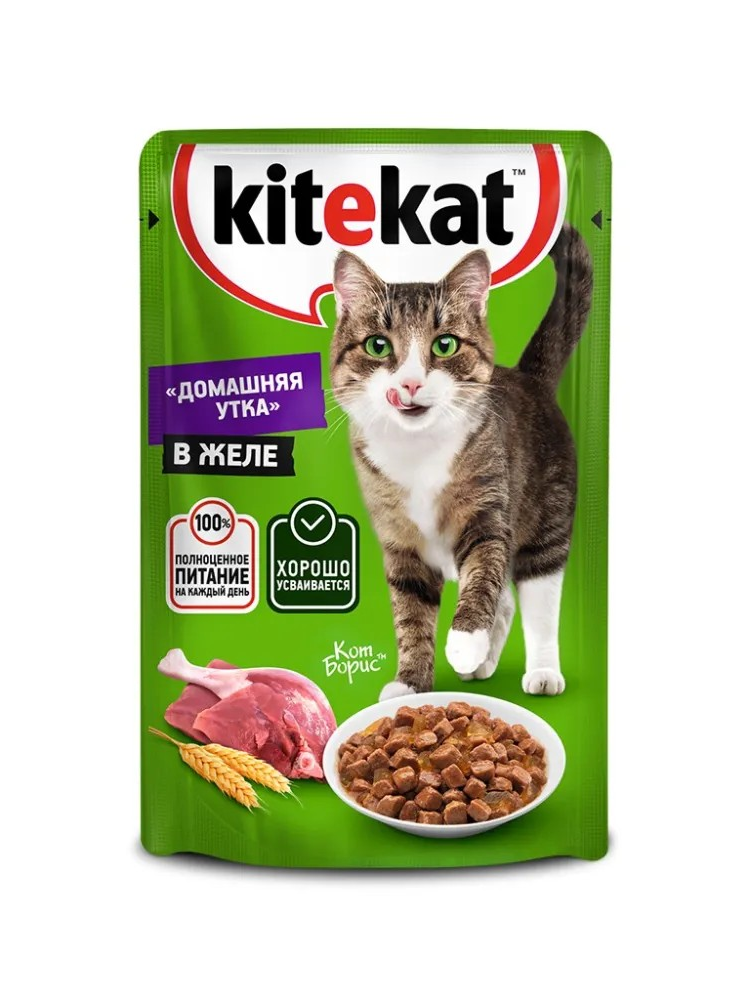 Корм для кошек "Kitekat" с домашней Уткой в желе, 85 гр.