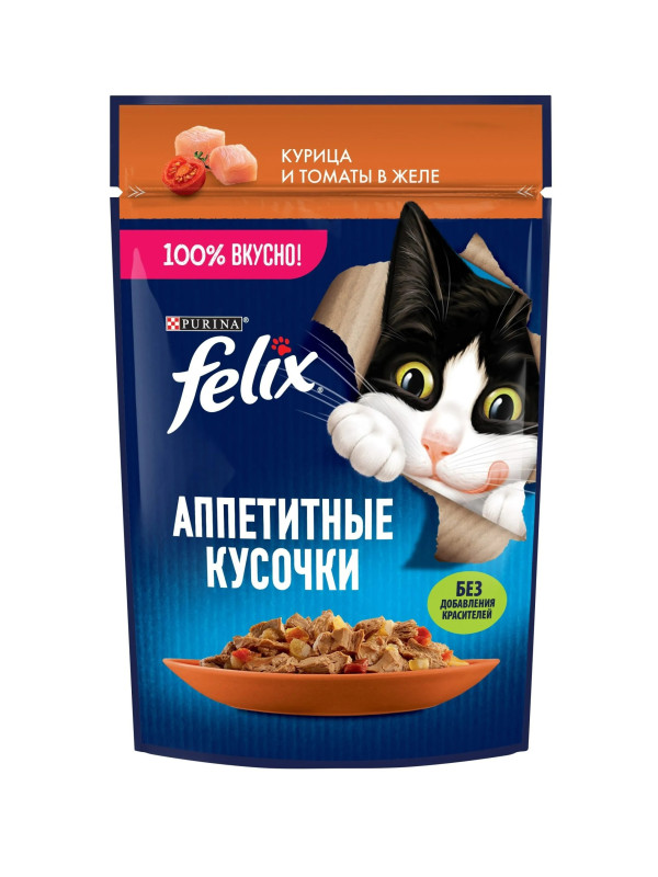 Корм для кошек "Felix" аппетитная курица и томаты в желе, 75 гр