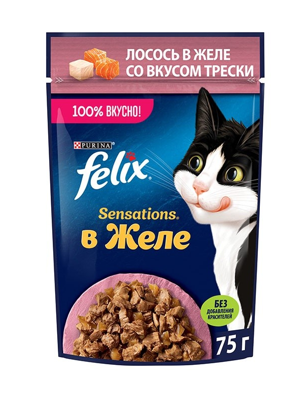 Корм для кошек "Felix Sensations" Лосось в желе со вкусом трески, 75 гр