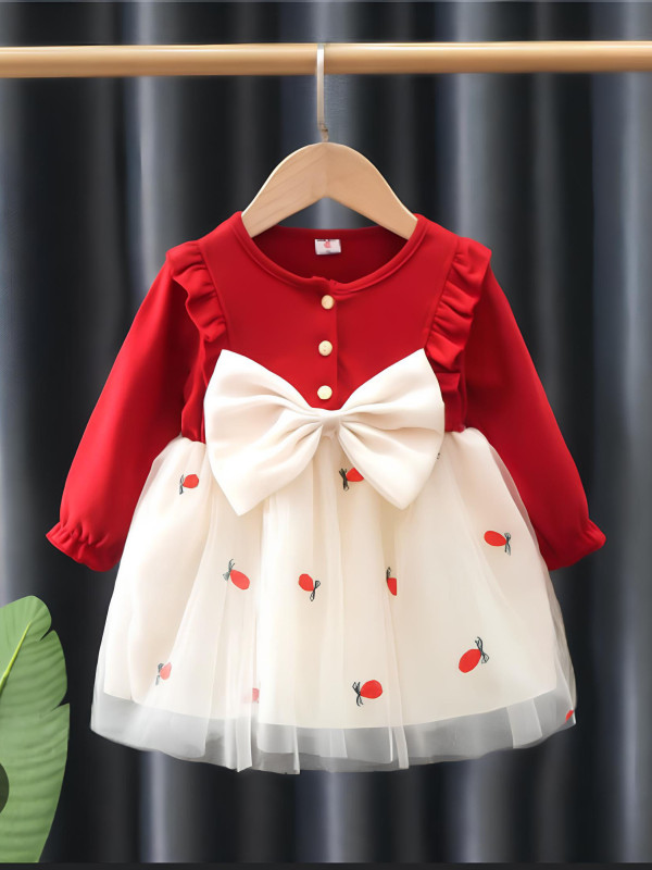 Детское праздничное платье с бантом и вишневым декором