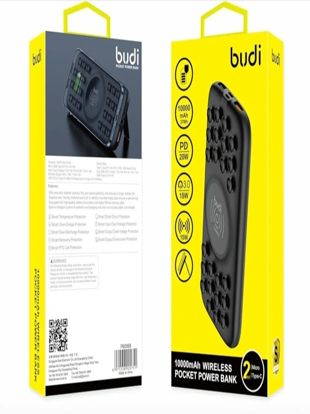 Power Bank Budi 10000 mAh с беспроводной зарядкой 15W, вакуумными присосками, PD 20W, QC 3.0 18W, кабель Type-C, черный