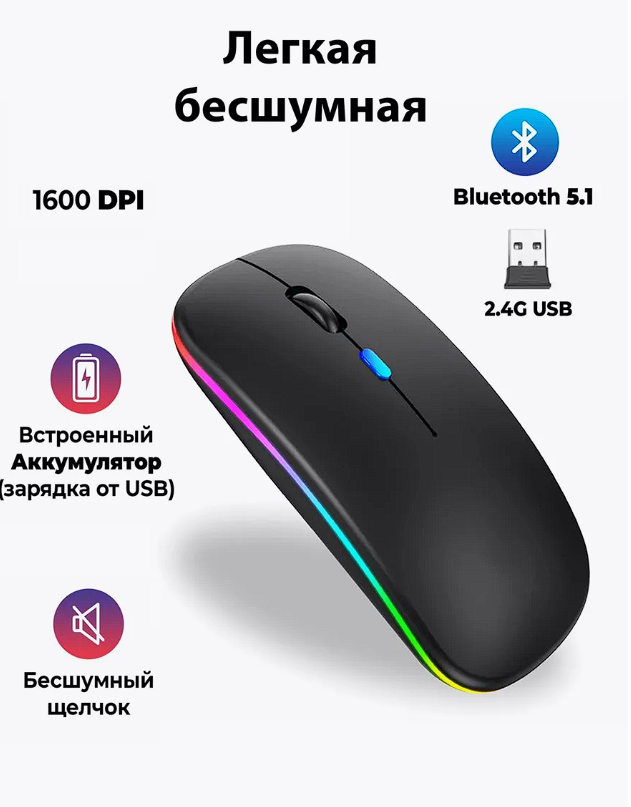 Мышь беспроводная бесшумная с подсветкой